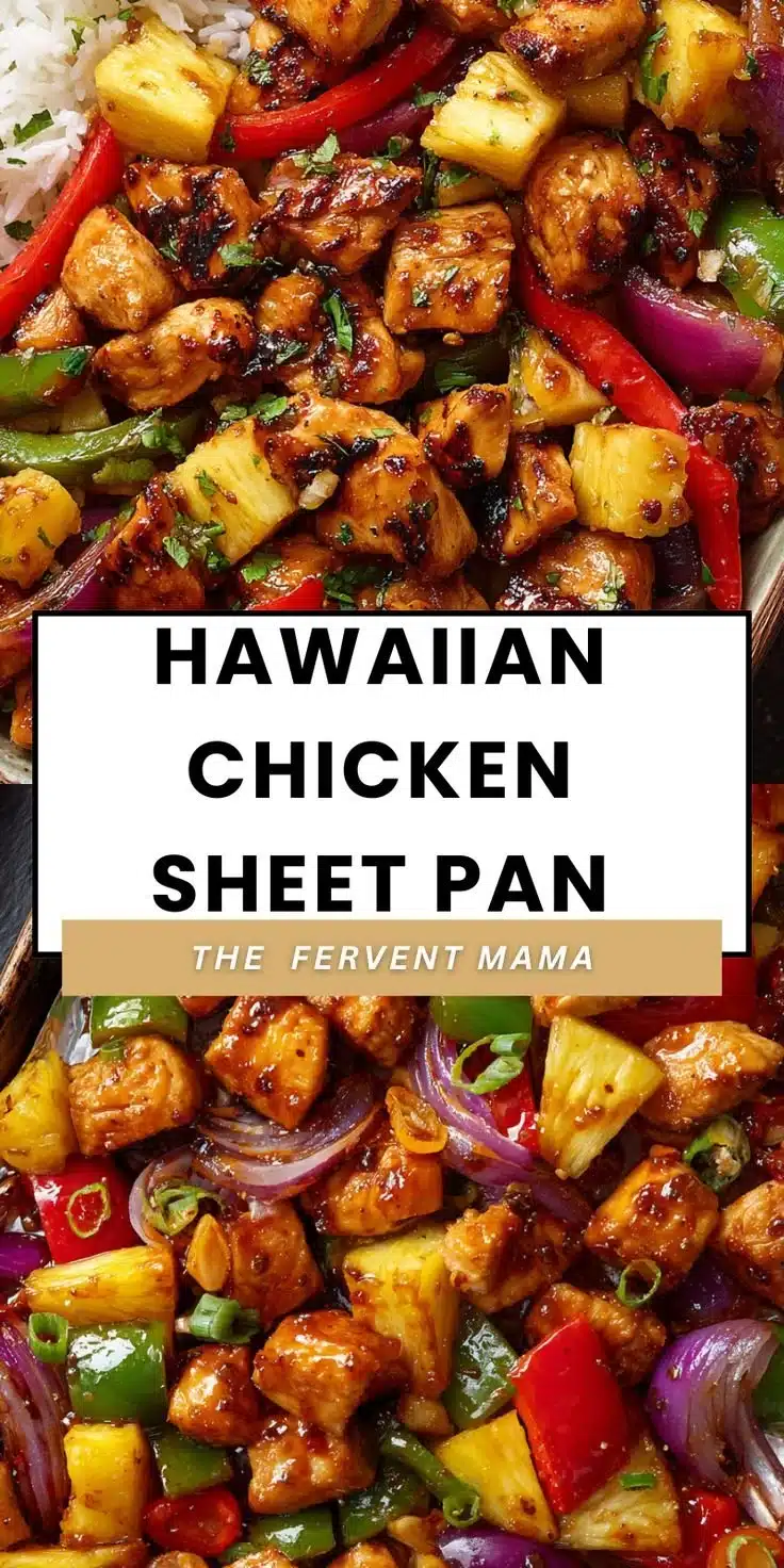 Hawaiian Chicken Sheet Pan with colorful vegetables and pineapple