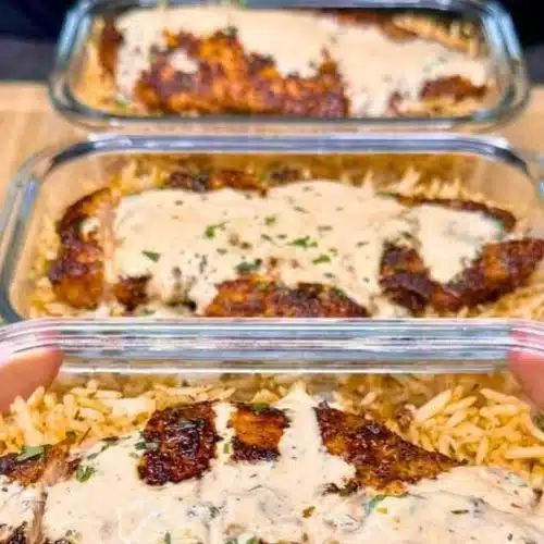 High protein creamy Cajun chicken served with rice