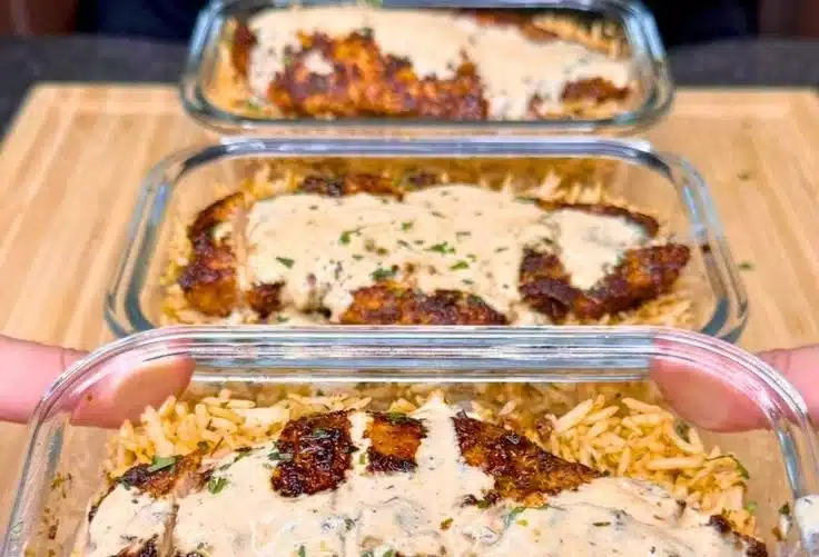 High protein creamy Cajun chicken served with rice