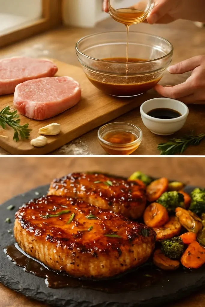 Honey garlic pork chops garnished with herbs on a plate