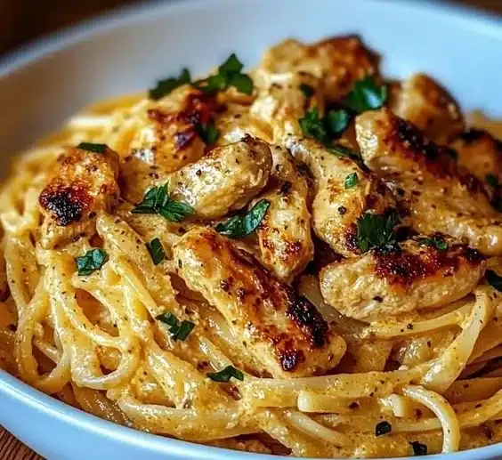 Easy Cowboy Butter Chicken Linguine dish served in a bowl