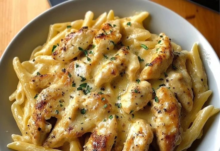 One Pan Garlic Parmesan Chicken Pasta served in a skillet with fresh herbs.