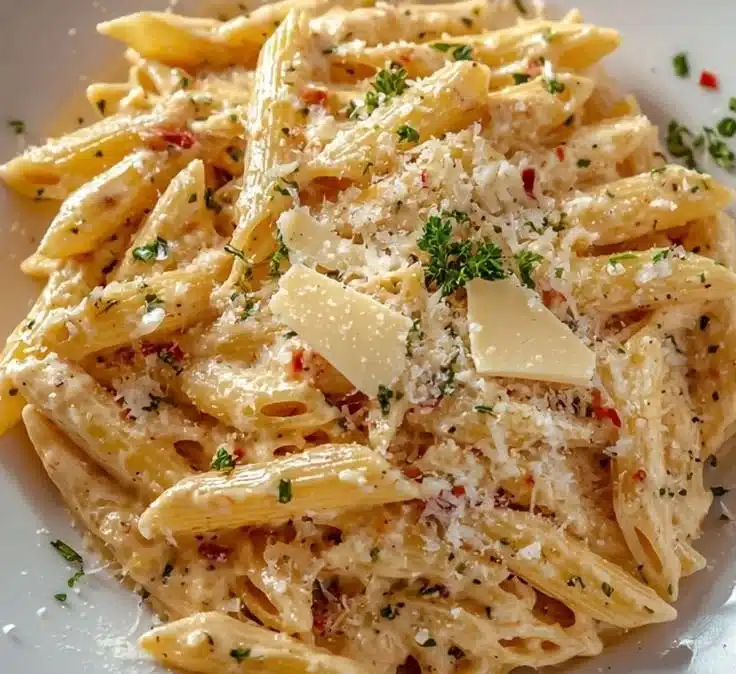 One pot creamy garlic pasta dish garnished with parsley and parmesan