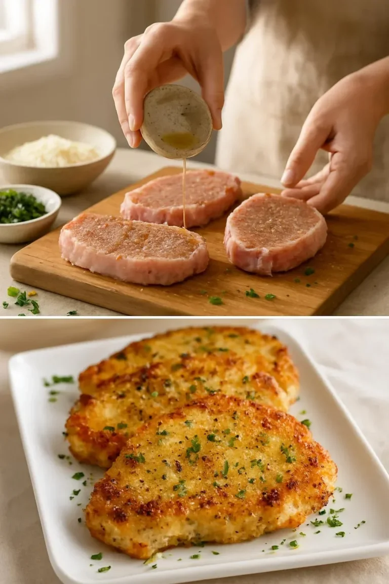 Deliciously baked Parmesan Pork Chops on a plate with herbs.