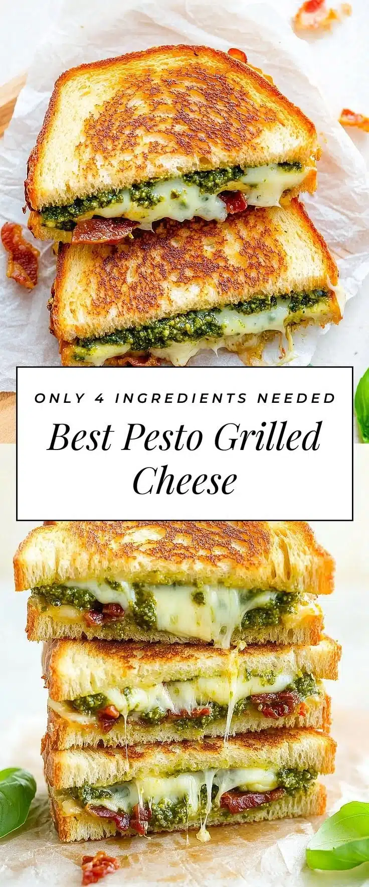 Melted pesto grilled cheese sandwich with fresh basil and bread