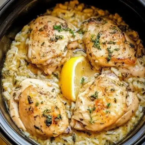 Delicious slow cooker lemon herb chicken with rice served on a plate