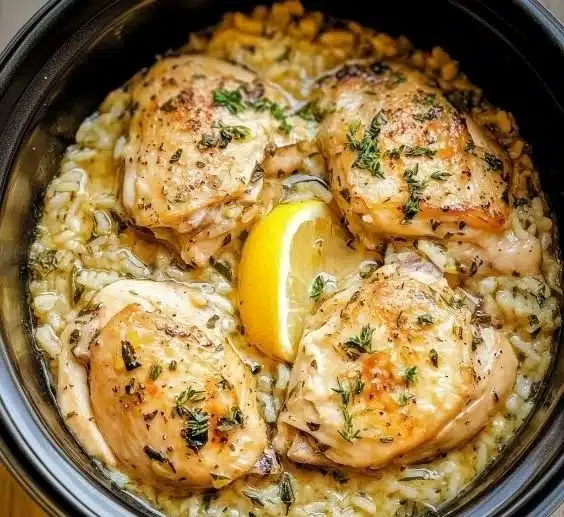 Delicious slow cooker lemon herb chicken with rice served on a plate