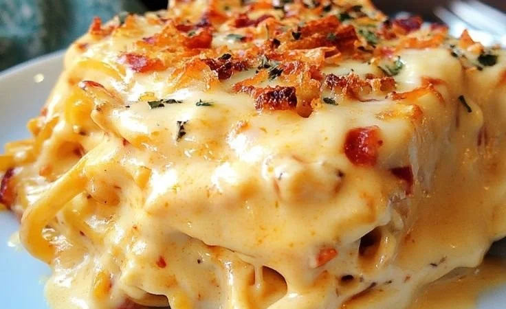 Spicy Southern Cheesy Chicken Spaghetti Casserole served in a baking dish