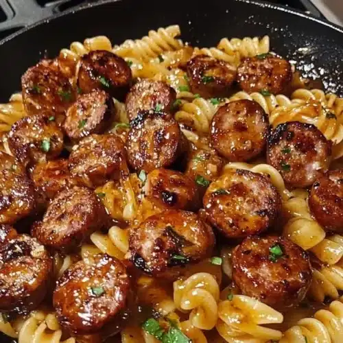 Sticky honey garlic sausage pasta skillet dish garnished with fresh herbs.