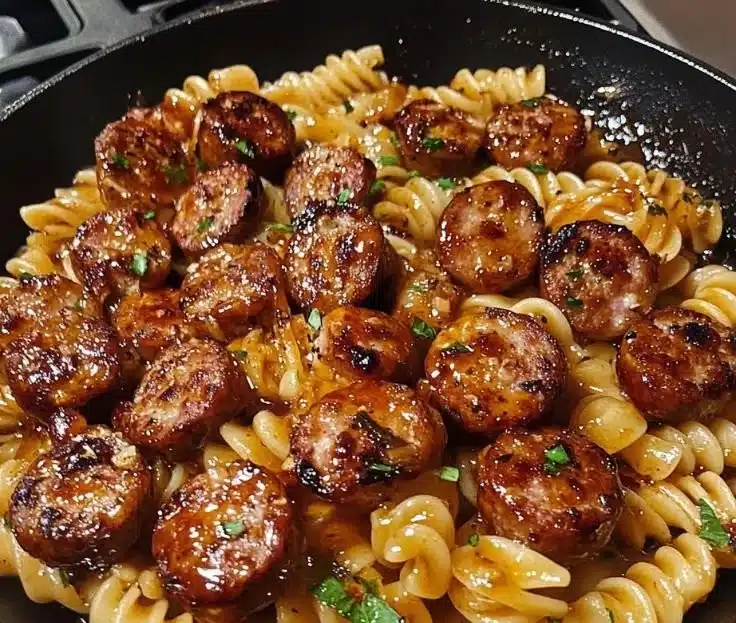 Sticky honey garlic sausage pasta skillet dish garnished with fresh herbs.